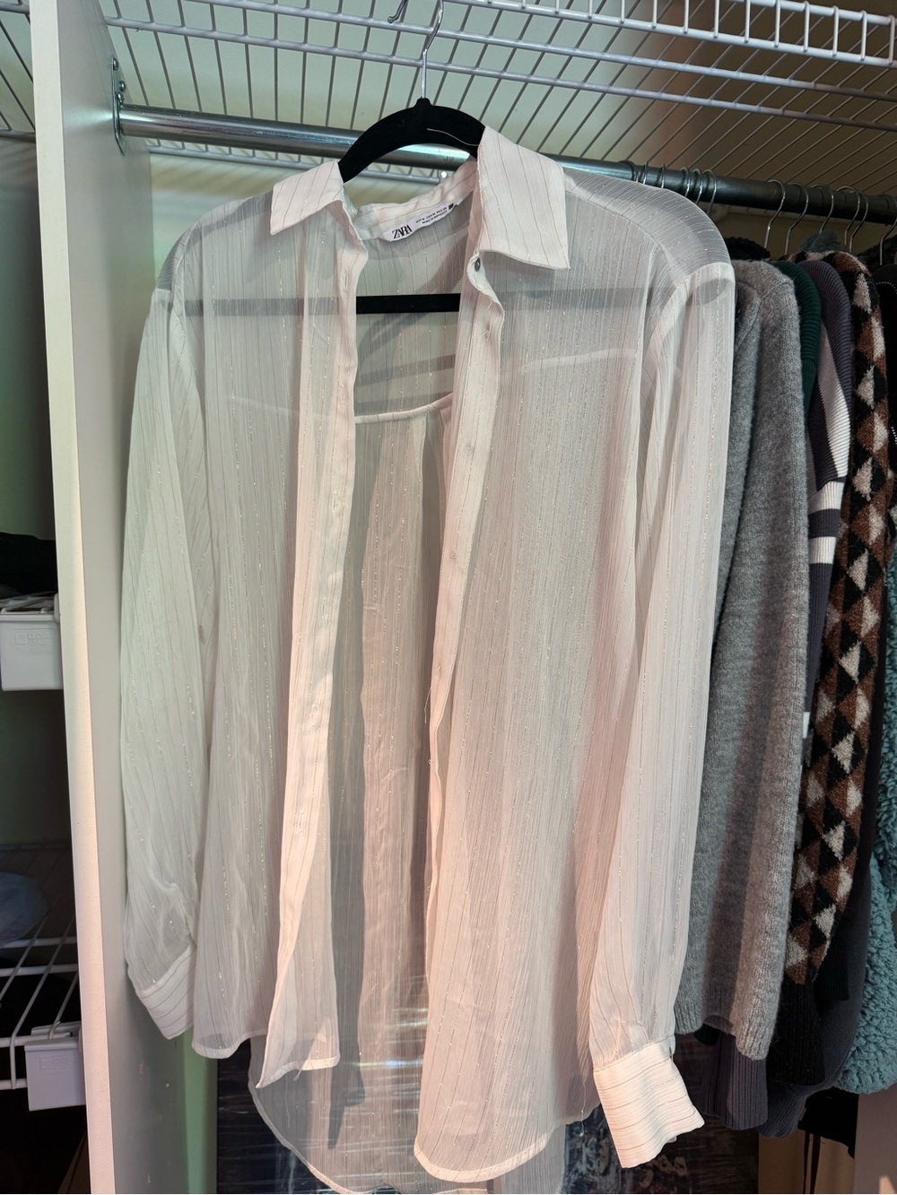 Zara women Light cream and gold Sheer Button-Up Shirt Jacket
